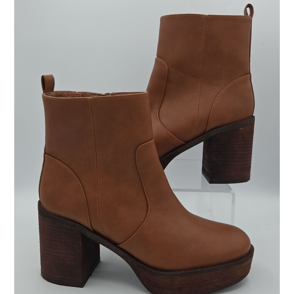 House of Harlow 1960 Women's Sz 10 Cognac Brown Platform Chunky Block Heel Boots
